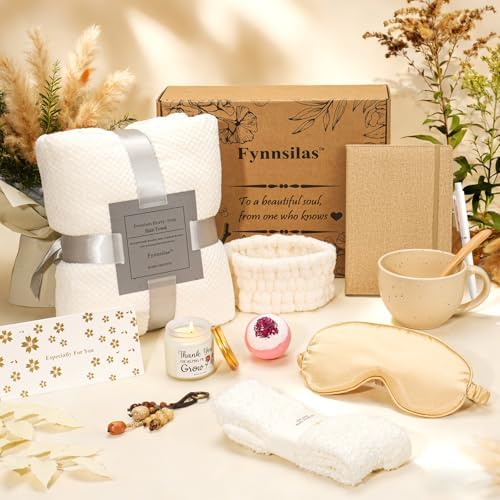 Stress Relief Spa Gift Box for Women – 12pc Self Care Set w/ Oud Wood Candle, Blanket, Bath Bombs, Eye Mask, Fuzzy Socks | Birthday Get Well Thinking of You Gift by Fynnsilas