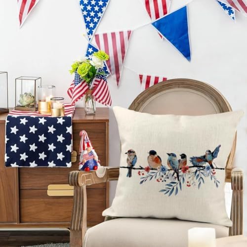 RABUSOFA 4th of July Memorial Day Patriotic Throw Pillow Cover,20x20 Inch Red White and Blue Birds Flowers Independence Day American Fourth of July Decoration for Sofa Couch - Image 3