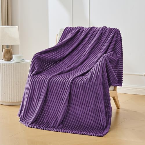 Bnuitland Fleece Throw Blanket, 300GSM Soft Warm Cozy Fluffy Throw for Babys & Pets, Stripe Pattern, All Season Sofa Bed Blanket for Home Decor, Dark Purple 50"x40" - Image 2