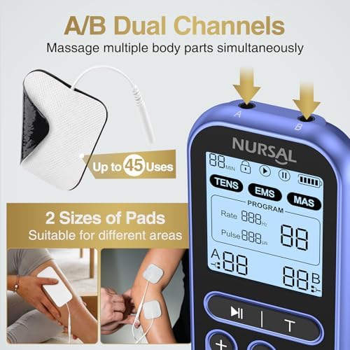 NURSAL 60 Modes TENS Unit Muscle Stimulator for Pain Relief Therapy, 3-in-1 Dual Channel EMS Muscle Stimulator for Back, Shoulder, Neck, Knee, Sciatica, Rechargeable TENS Machine with 12 TENS Pads - Image 5