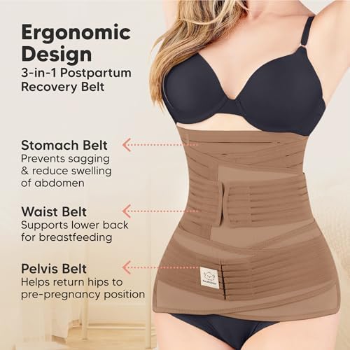 3 in 1 Postpartum Belly Support Recovery Wrap Band (Warm Tan, M/L) - Image 2