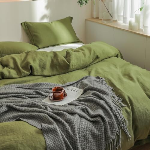 Simple&Opulence 100% Linen Duvet Cover Set with Embroidery Border Washed - 3 Pieces (1 Duvet Cover & 2 Pillow Shams) with Button Closure Soft Breathable Farmhouse - Olive, Queen Size - Image 6