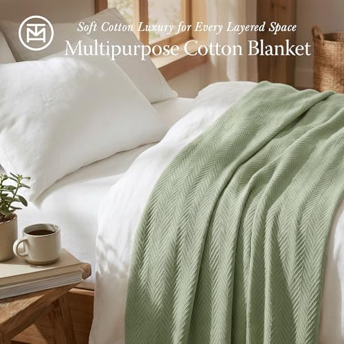 Threadmill Luxury 100% Cotton Twin Herringbone Blanket, Sage Green - Image 2