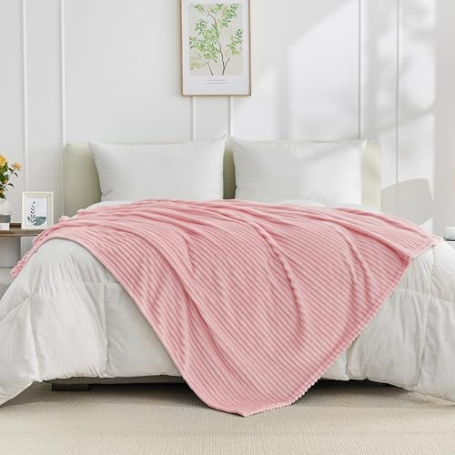 Bnuitland Fleece Throw Blanket for Couch, 300GSM Soft Warm Cozy Fluffy Throw for Adults & Kids, Stripe Pattern, All Season Sofa Bed Blanket for Home Decor, Light Pink 50"x60" - Image 3