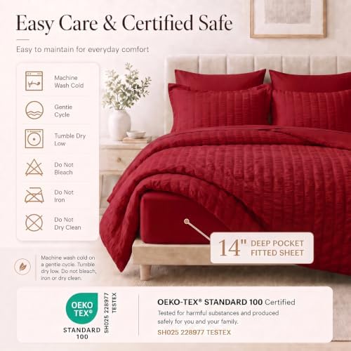 CozyLux Queen Comforter Set, 7 Pieces Dark Red Seersucker Bed in a Bag - Image 5