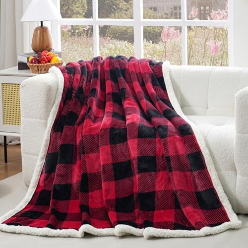 PU MEI Sherpa Fleece Throw Blanket 80" x 90" Reversible Plush Fluffy Large Big Blanket Lattice Flannel Blankets for All Season Use, Red and Black - Image 5