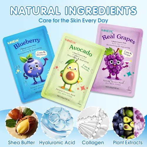 KONEUK 28 Pack Fruit Face Masks Skincare for Kids Girls, Sheet Face Mask - Image 4