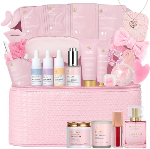 Gifts for Women, Birthday Gifts, 33 Pcs Rose Hydrating Face Skin Care Gifts Set, Bath & Body Spa Gifts Basket Set for Women, Beauty Care Kit, Makeup Bag, Face Serum, Christmas, Anniversary, Wife, Mom by RAROSAACCA