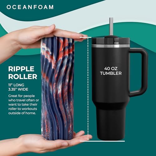 Oceanfoam Ripple Travel Foam Roller (11" x 3.35") Firm Mini Foam Roller for Physical Therapy, Deep Tissue Massage, Back Pain - High Density, Wave Textured - Yoga (Red, Dark Navy & Natural Marbled) - Image 2