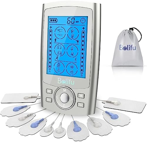 Belifu Dual Channel TENS EMS Unit 24 Modes Muscle Stimulator for Pain Relief Therapy, Electronic Pulse Massager Muscle Massager with 10 Pads, Dust-Proof Drawstring Storage Bag, Fastening Cable Ties by Belifu