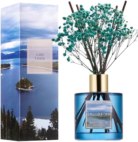 COCORRÍNA Reed Diffuser - Lake Tahoe 6.7 Fl.oz Reed Diffuser Set with 8 Sticks & Preserved Baby's Breath, Reed Diffuser for Home Bathroom Shelf Decor by COCORR%C3%8DNA