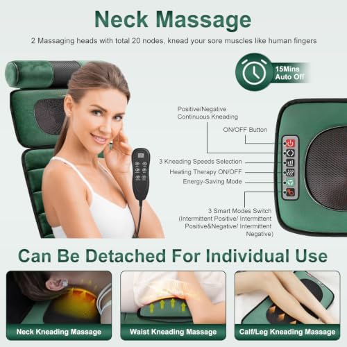 Full Body Massage Mat with Heat,Electric Massager Pad for Neck,Back,Foot&Full Body Pain Relief,10 Vibrating Nodes 3 Heating Levels W/ Detachable Neck,Foot Massager,Head Pillow&Inflatable Lumbar Pillow - Image 3