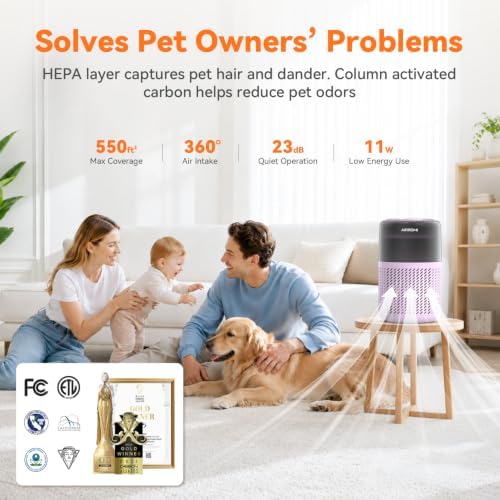 AIRROMI HEPA Air Purifier for Bedroom&Home,Pet Air Purifier for Home Pets,Removes Pet Odor,Cat Litter Smell,Dust,Smoke&Allergies,Quiet Room Air Purifier with Scents,360°Air Cleaner,A2005 Purple - Image 3
