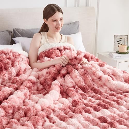 60x80 Inches Ultra-Soft Fuzzy Faux Fur Plush Twin Size Blanket - Thick, Warm Sherpa for Couch, Sofa, Bedroom, Camping - Decorative Blanket for Cozy Warmth, Bubble Dusty Rose Tie Dye - Image 2