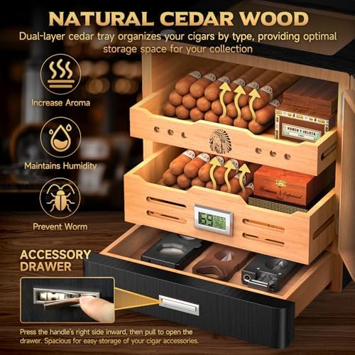 XIFEI Cigar Humidor Cabinet, Glass Top Humidors with Adjustable LED Lighting, Acrylic & Glass Tube, Digital Hygrometer, 2 Humidifiers, Cedar Wood Humidor with Accessory Drawer for Gifts - Image 6