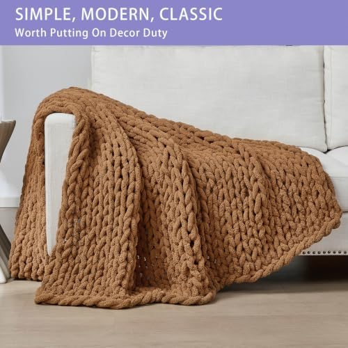 Bigacogo Chunky Knit Throw Blanket for Couch, 40x60 inches, Caramel - Image 3