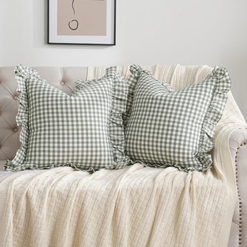 2 Pack 20"x20" Sage Green/White Plaid Ruffle Throw Pillow Covers by Qilunn
