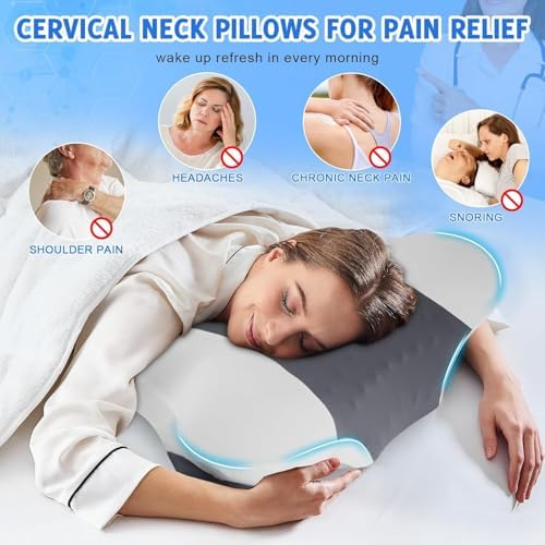 Cervical Neck Pillow for Side Sleeper - Memory Foam Pillows Ergonomic Neck Support for Pain Relief Contour Memory Foam - Adjustable Orthopedic Bed Pillows with Breathable Pillowcase (Black-Gray) - Image 3