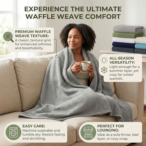 Tex Trend 100% Cotton Waffle Weave Blanket Queen Size - Soft, Breathable Cooling Blanket for Bed, Lightweight Cozy Summer & Spring Bedding, Light Grey, 90x90 - Image 2