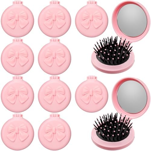 12 Pcs Pink Coquette Bow Mini Hair Brushes Folding Mirror Coquette Detangler Brush Bulk Round Compact Massage Scalp Comb for Purse Women Travel Team Gifts Trendy Stuff Party Favors by Yiyiring