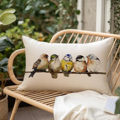 RABUSOFA Watercolor Birds Pillows Decorative Throw Pillows 12x20,Hand-Painted Oil Painting Rustic Birds Lumbar Pillow Cases,Cute Colorful Spring Summer Decorations for Home Couch Sofa Outdoor - Image 5