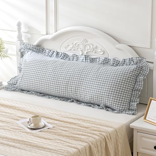 20"x54" Blue White Plaid Ruffled Body Pillow Sham Washed Cotton by Qilunn