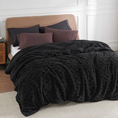 Bedsure Sherpa Fleece Blanket, Cable Jacquard Tufted, Warm, Black, Queen by Unknown
