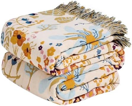 MSGKV Boho Throw Blanket 60"x80" Twin 100% Cotton Floral Blanket for Bed by MSGKVHomeTextiles