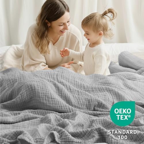 100% Cotton Muslin Blanket California King 120" x 90", 6 Layers Breathable and Lightweight Oversized Blankets for Bed, Soft Cooling Gauze Blanket for Adults All Season, Light Grey - Image 3