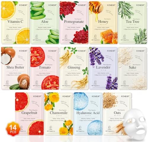 KONEUK 14 Pack Sheet Face Masks Skincare, Hydrating Face Masks for Dry Skin by KONEUK