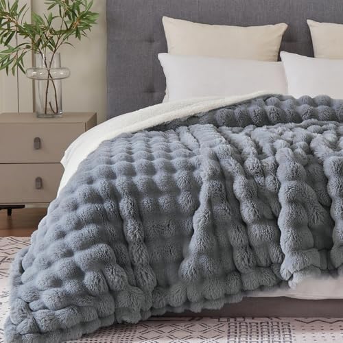 60x80 Inches Ultra-Soft Fuzzy Faux Fur Plush Twin Size Blanket - Thick, Warm Sherpa for Couch, Sofa, Bedroom, Camping - Decorative Blanket for Cozy Warmth, Bubble Grey by Serenhom