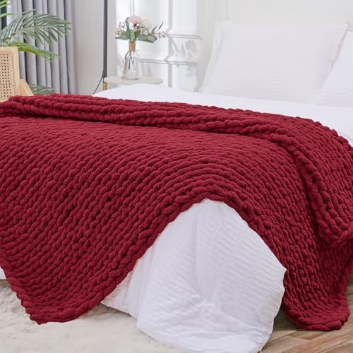 Bigacogo Chunky Knit Throw Blanket for Couch, 51x63 inches, Red by Bigacogo