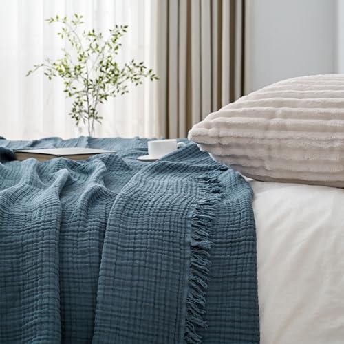Esterra Muslin Throw Blanket 50x65 Inches Cozy Soft Lightweight Pre-Washed Cotton Blanket, All Season Breathable 4-Layer Gauze Blanket Throw for Sofa Couch Bed, Blue Mirage - Image 5