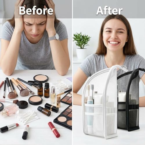 Standing Toiletry Bag,Portable Foldable Hanging Travel Organizer with Zipper and Loop,Mesh Large Capacity Cosmetic Waterproof Bag for Bathroom,Suitcase Packing,Toiletries,Makeup,Skincare (1PC,White) - Image 6