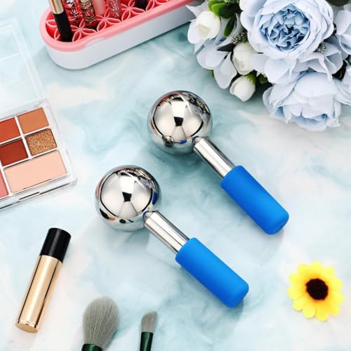 Baderke 2 Pcs Ice Globes for Face Stainless Steel Cooling Globes Unbreakable Cooling Roller Women Ice Balls Cryo Sticks Facials Skin Care for Dark Circles, Puffiness(Silver (Blue Handle)) - Image 6