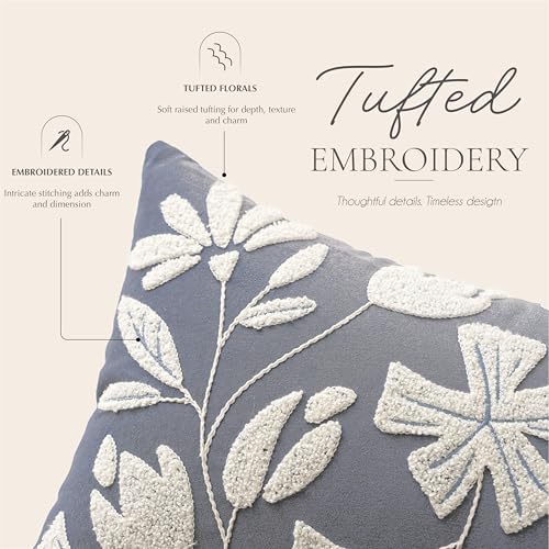 BlissBlush Long Lumbar Pillow Cover 14x36 for Bed, Coastal Dusty Blue Floral Tufted Velvet Accent Oversize Throw Pillowcase for Bedroom, Cover Only - Image 2