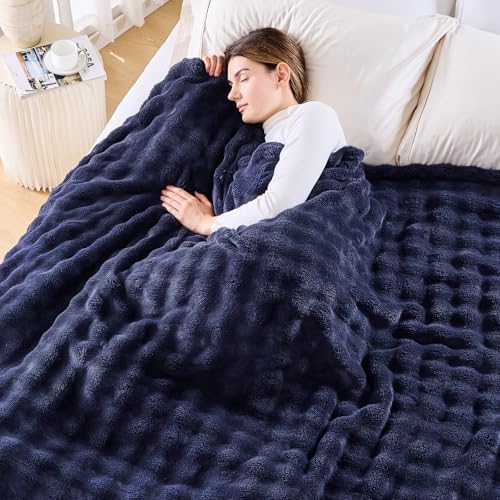 NEWCOSPLAY 3D Bubble Flannel Throw Blanket for Couch Dark Navy, 90"×110" by NEWCOSPLAY
