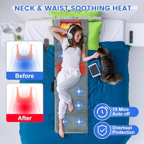 Moclever Full Body Massage Mat with Heat,Massage Mattress with Shiatsu Neck Massager & Movable Neck Back Massager Pillow,10 Vibrating Motors,9 Massaging Modes & Timer for Back Leg Pain Relief - Image 4