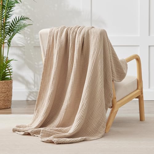 100% Cotton Muslin Blanket 50" x 60", Breathable and Lightweight Cotton Throw Blankets for Couch, Soft Cooling Summer Gauze Blanket for Adults All Season, Beige - Image 2