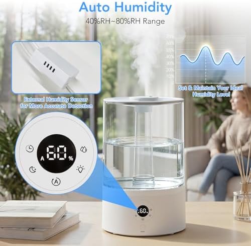 Electactic 3.8L Top Fill Humidifier for Bedroom, Auto Constant Humidity, Smart Control, Quiet Ultrasonic Cool Mist, 360 Nozzle, 3 Mist Levels, 7-Color Light for Home Office Baby Room - Image 4