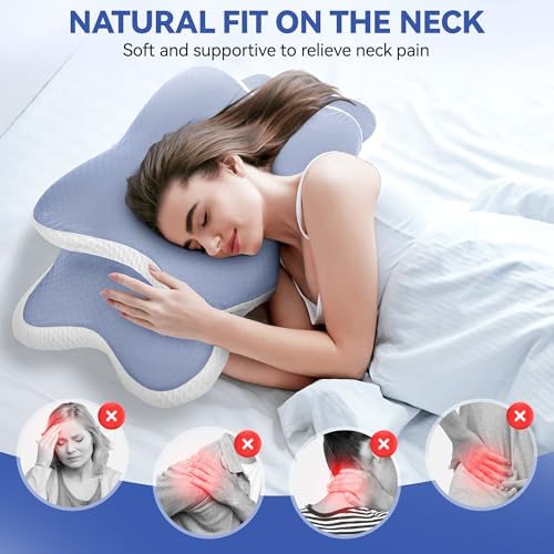 Cervical Pillow for Neck Pain Relief, A Cozy Night’s Sleep Ortho Memory Foam Bed Pillow, Neck and Shoulder Support for Side, Back & Stomach Sleepers, Lumbar Comfort Design (Blue/WHT) - Image 2