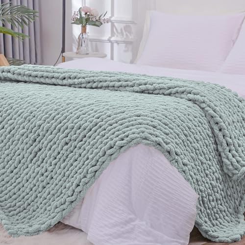 Bigacogo Chunky Knit Throw Blanket for Couch, 51x63 inches, Misty Green by Bigacogo