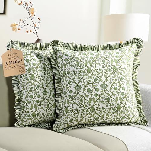 CPC Meadow Vine Hand Block Print 100% Cotton Ruffle Throw Pillow Cover 24x24 inch with Hidden Zipper Decorative for Couch, Bed, Sofa, Farmhouse, Cottagecore Decor Gift Christmas Fall Thanksgiving by COTTONPRINTCLUB
