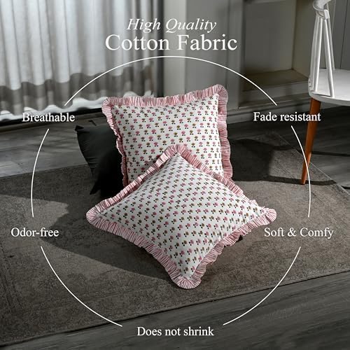 CPC Rosette Bloom Hand Block Print 100% Cotton Ruffle Throw Pillow Cover 24x24 inch with Hidden Zipper Decorative for Couch, Bed, Sofa, Farmhouse, Cottagecore Decor Gift Christmas Fall Thanksgiving - Image 3