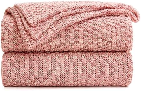 Longhui bedding 100% Cotton Knitted Throw Blanket – Pink, Soft & Cozy, Machine Washable, 60"x80" – Perfect for Living Room, Couch, Sofa, Bed or Travel by LongHuiBedding