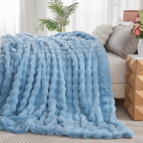 Lotus Karen Faux Fur Throw Blanket Sky Blue - Big Bubble Rabbit Fluff Blanket for Couch Bed Sofa,Softest Fluffy Fuzzy Cozy Blanket,Thick Furry Plush Shaggy Warm Blankets for Women,108x90 Inches - Image 3