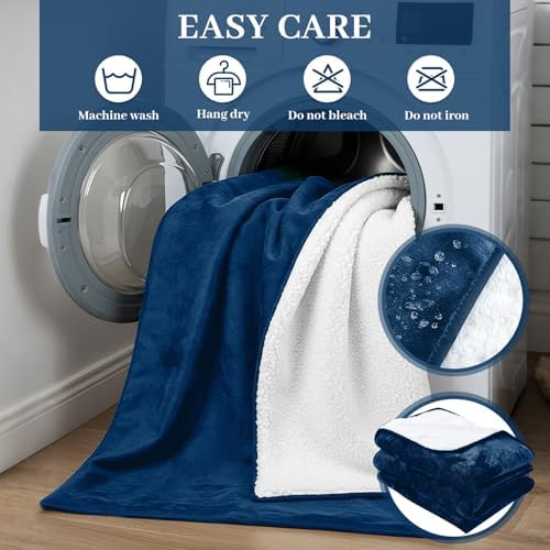 Tisancy King Size Waterproof Blanket for Bed Couch, 80'' x 80'' Double Side Leakproof Reversible Sherpa Flannel Fleece 3-Layer Lightweight Blanket, Absorbs 70oz(Navy Blue/White), Machine Washable - Image 5