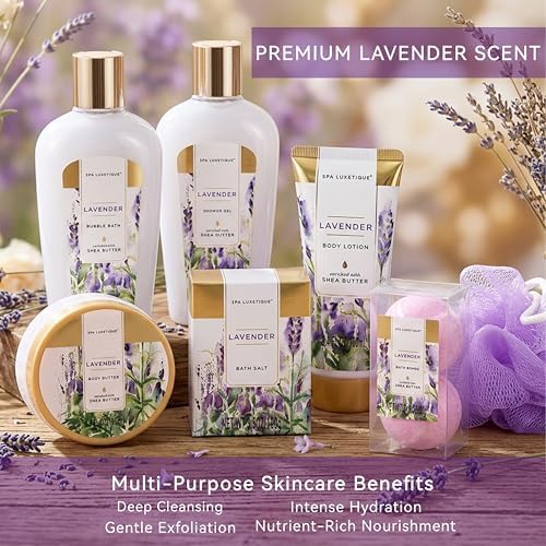 spa luxetique Spa Gift Baskets for Women, 8 Pcs Lavender Lotion Set with Bubble Bath, Shower Gel, Birthday Anniversary Self Care Kit for Her, Christmas Gifts for Mom - Image 3