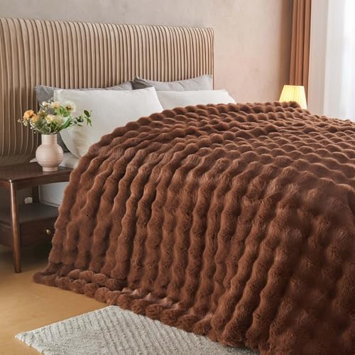 Lotus Karen Faux Fur Throw Blanket Dark Coffee - Big Bubble Rabbit Fluff Blanket for Couch Bed Sofa,Softest Fluffy Fuzzy Cozy Blanket,Thick Furry Plush Shaggy Warm Blankets for Women,90x90 Inches by LotusKaren