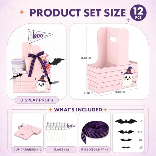 12 Set Halloween Teacher Gifts Drink Carrier Kit, Ghost Teacher Boo Basket Gifts, Disposable Cardboard Cup Holders with Handle, Ribbon and Gift Flags, for Teachers - Image 3